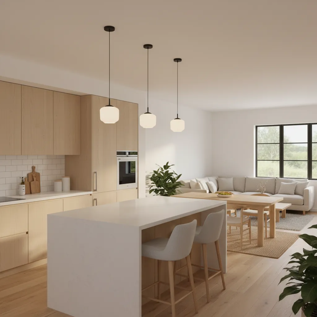 Cocina abierta con isla integrada al salón en una casa de 120 m2