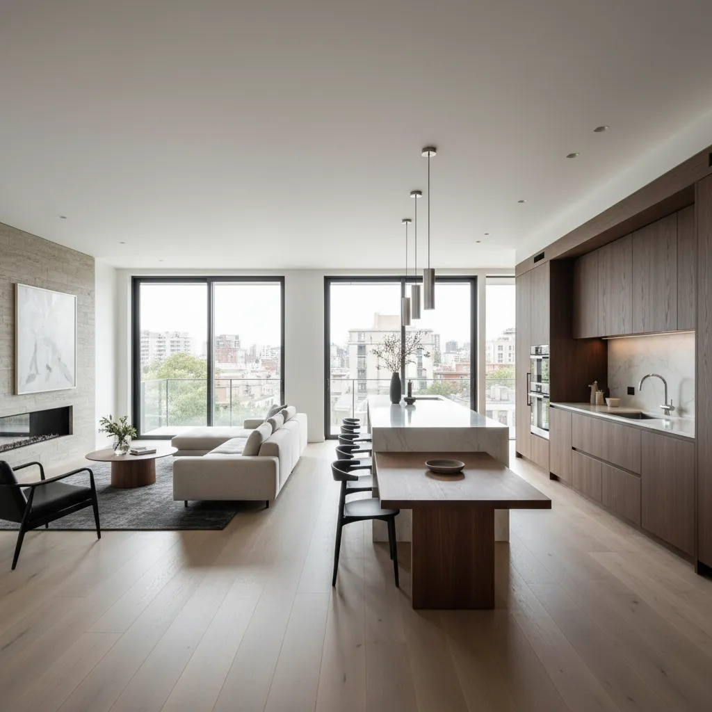 Cocina abierta con isla integrada en sala comedor