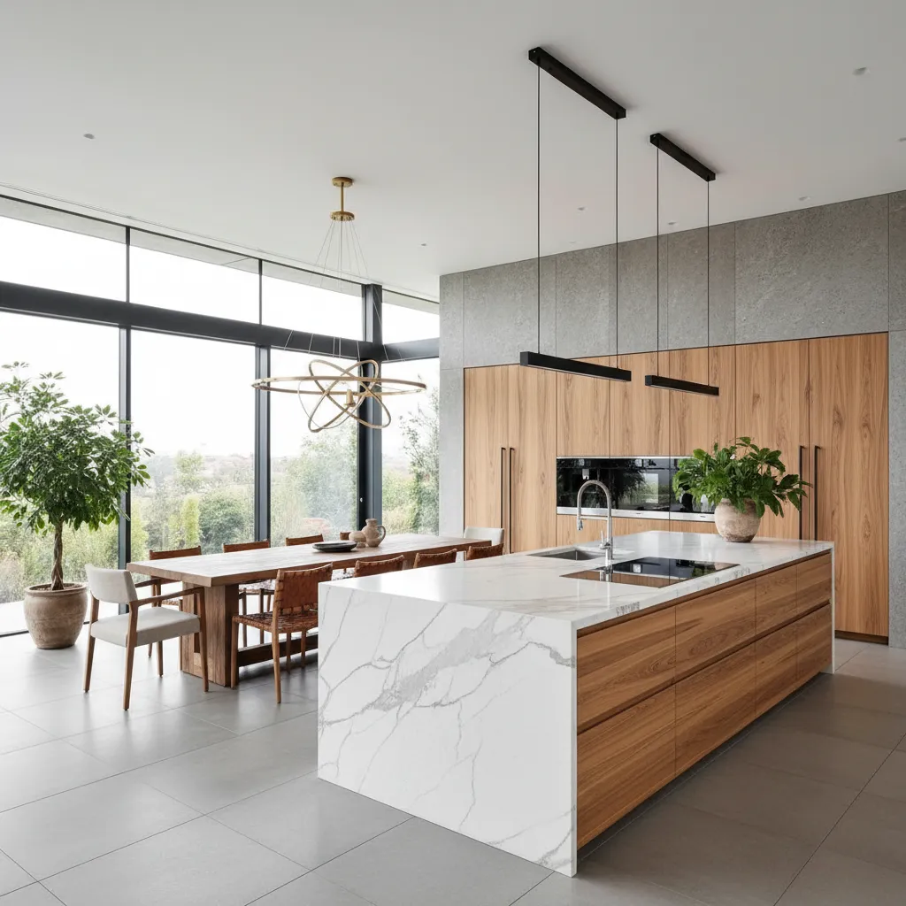 Cocina abierta moderna integrada con comedor en vivienda amplia