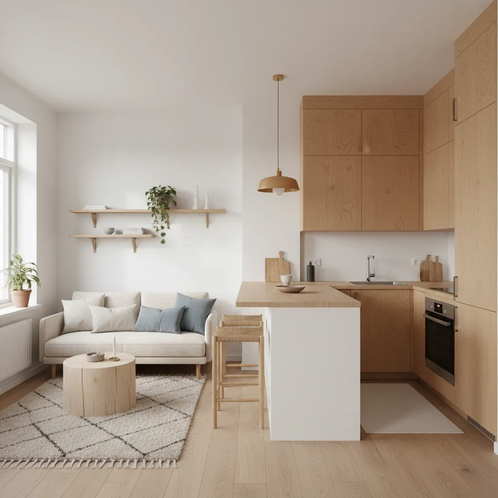 Small modern apartment interior with wooden kitchen cabinets white sofa round coffee table and floor rug