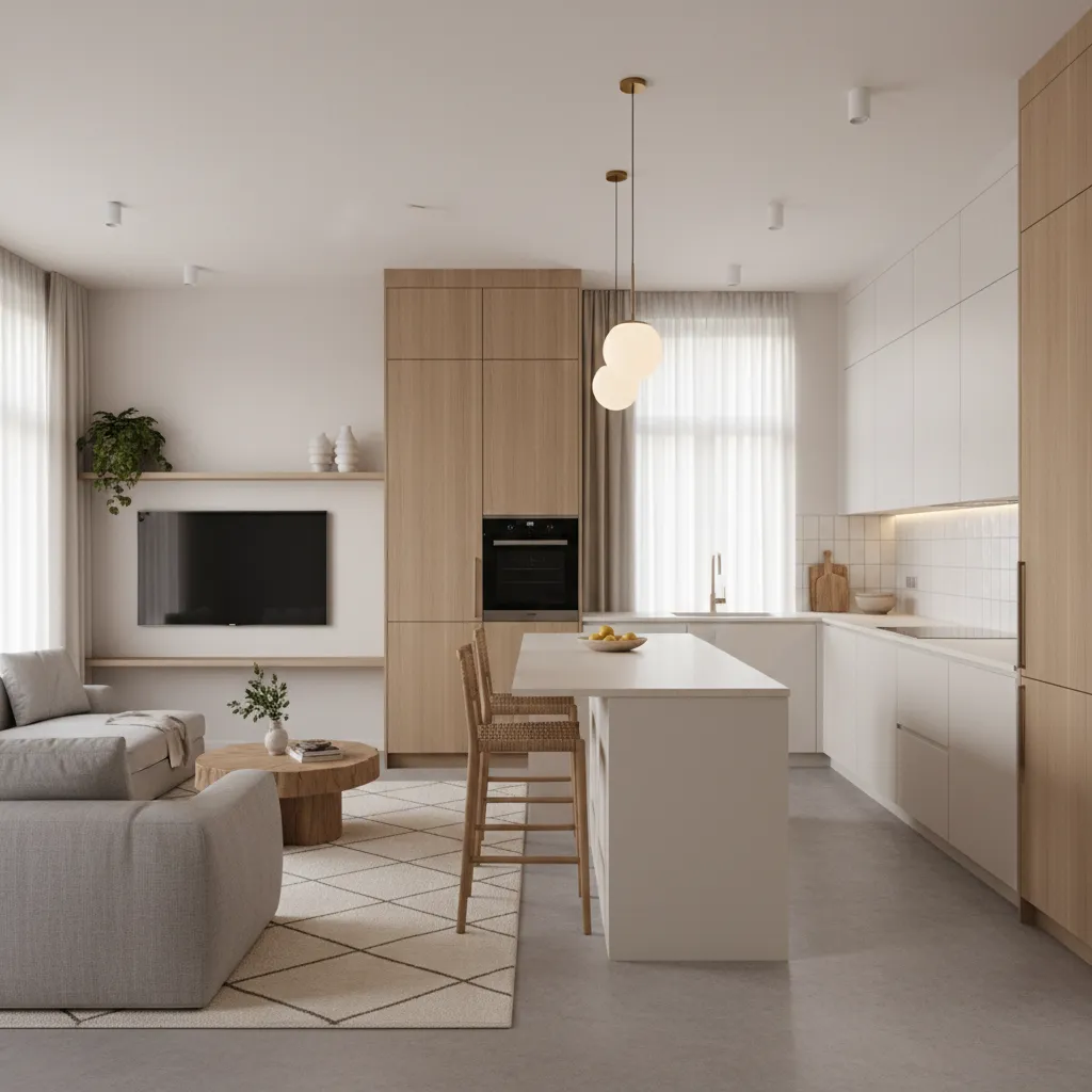 Cocina abierta integrada con salón en vivienda de 90m2