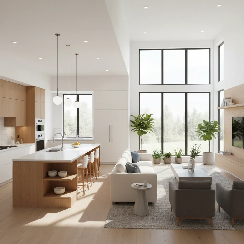 Cocina abierta integrada con sala y comedor