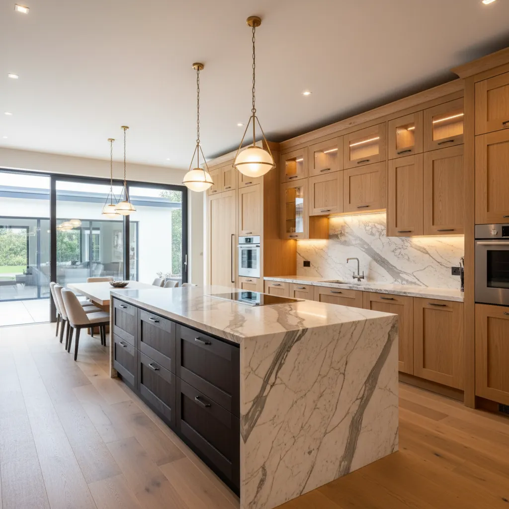 Cocina moderna con isla en una casa grande de estilo contemporáneo