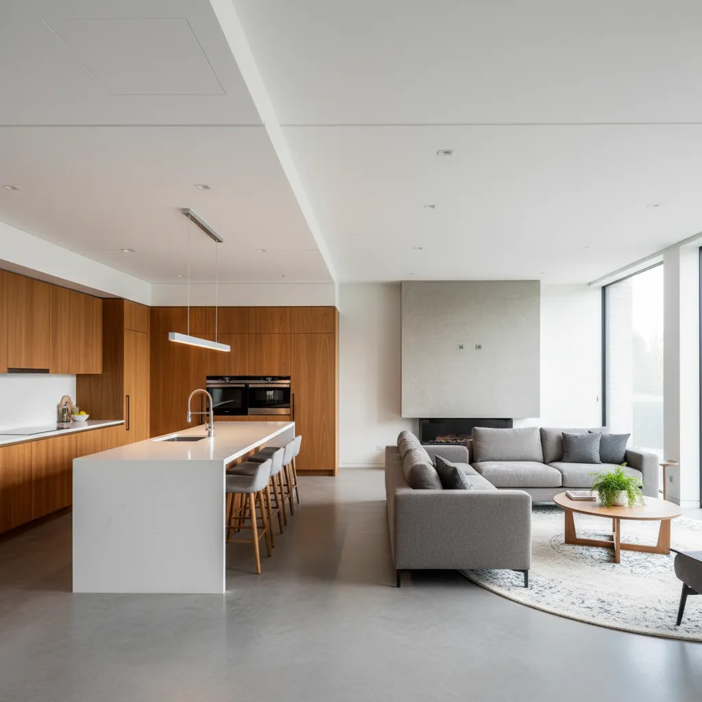 Cocina abierta conectada con salón en casa moderna