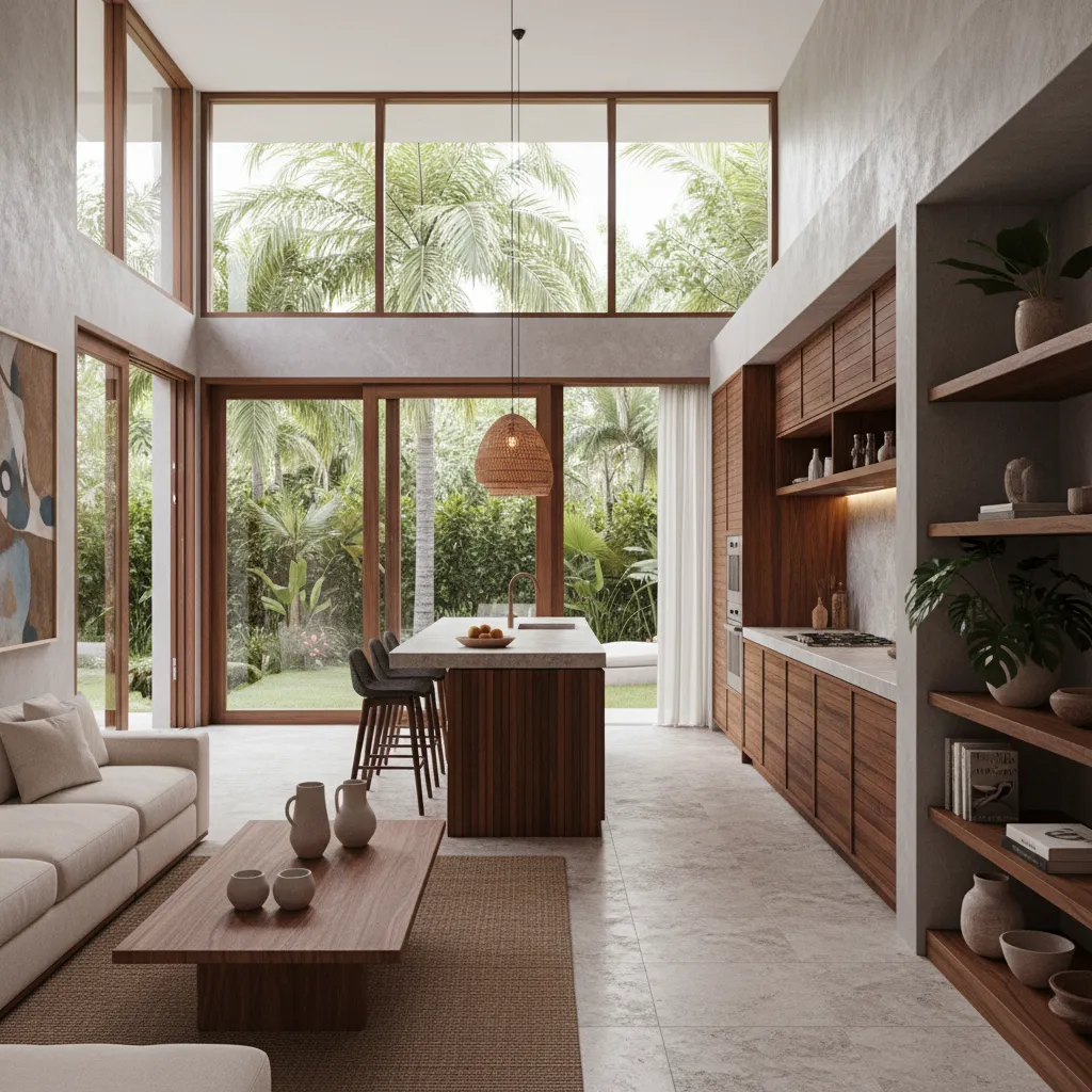 Cocina moderna abierta conectada con sala y comedor