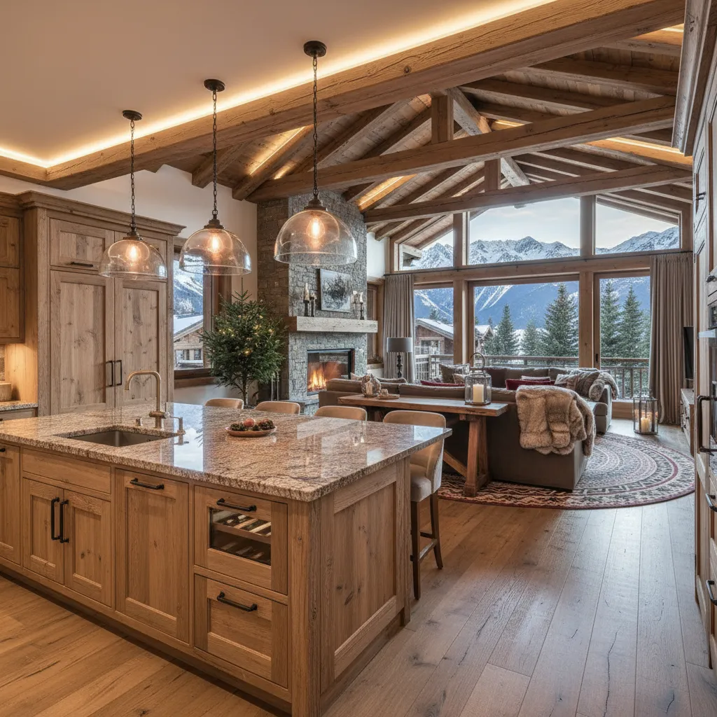 Cocina abierta conectada con salón en chalet de montaña