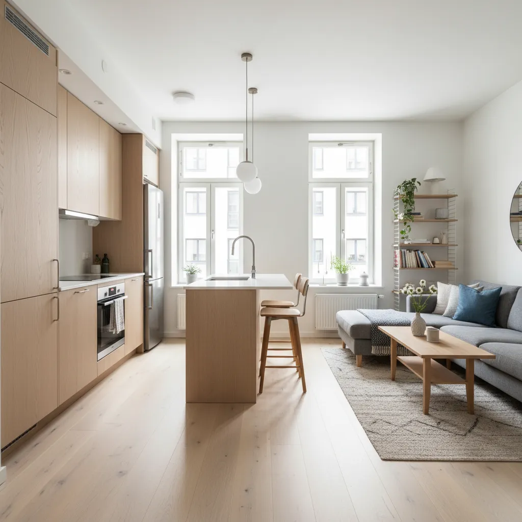 Cocina abierta conectada con sala en una casa pequeña