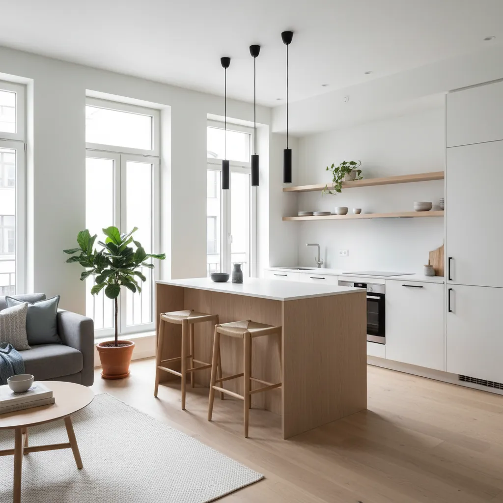 Modern white kitchen featuring wooden island with stools, black pendant lights, and grey living sofa