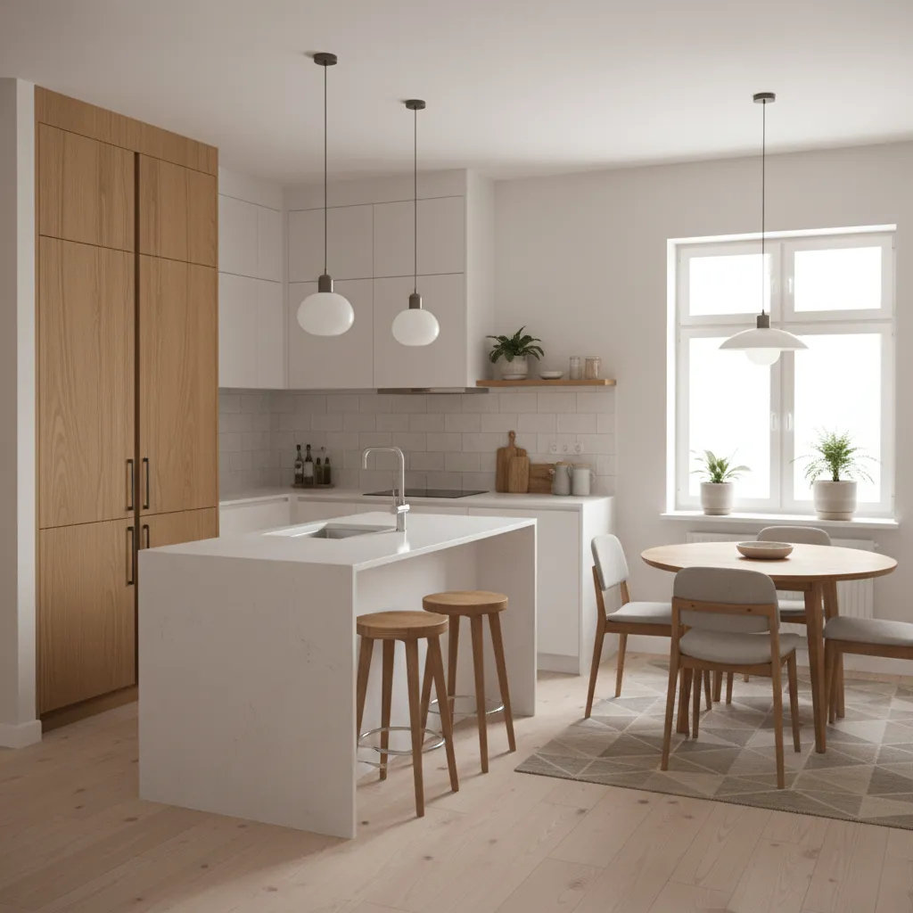 Cocina abierta integrada con comedor en casa pequeña