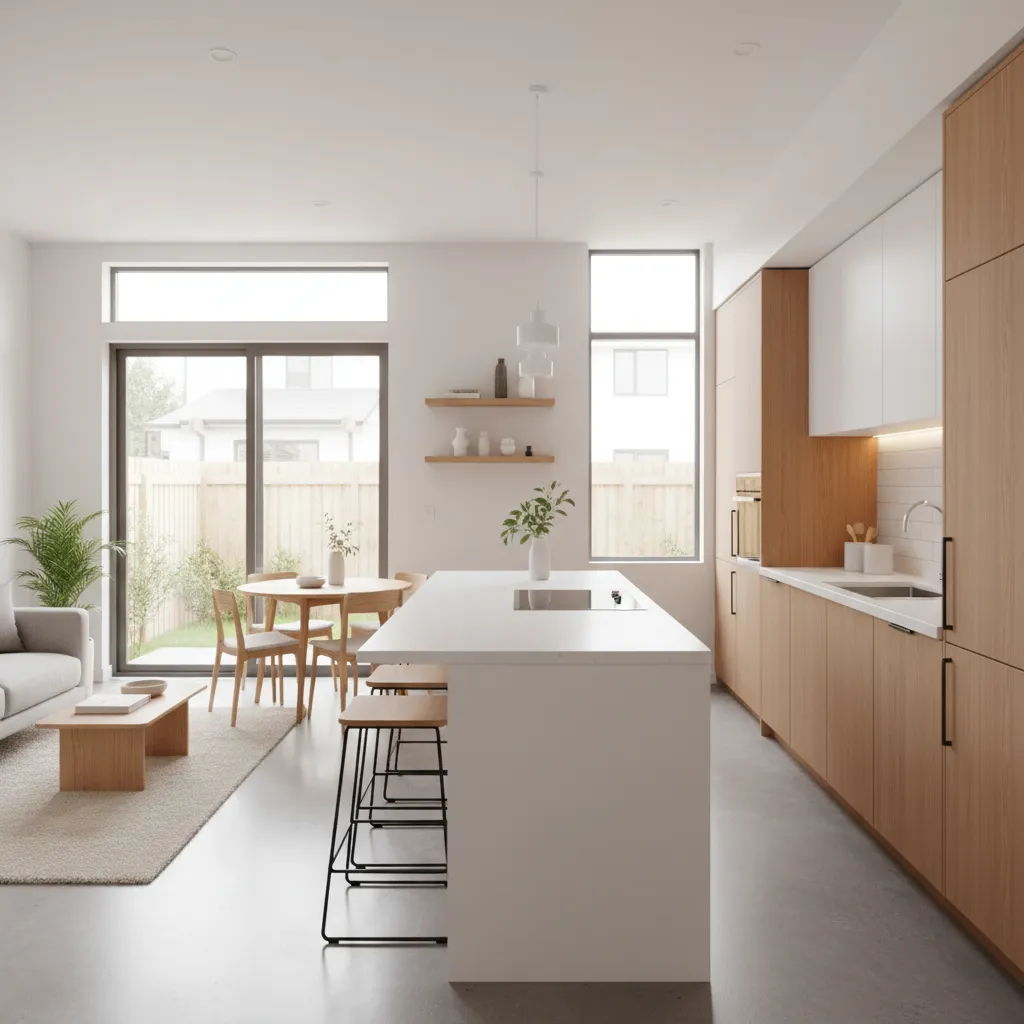 Cocina abierta moderna integrada con sala y comedor en casa pequeña