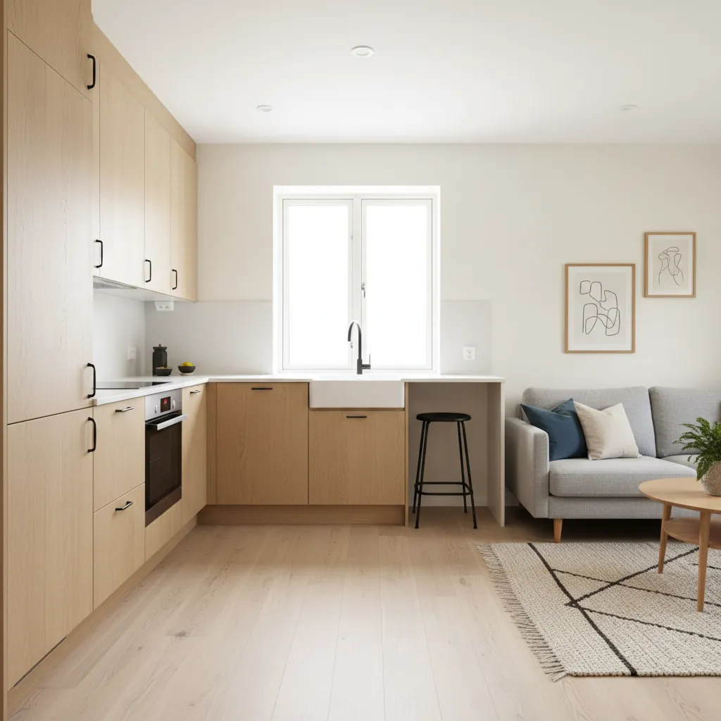 Cocina abierta conectada con el salón en una casa pequeña moderna