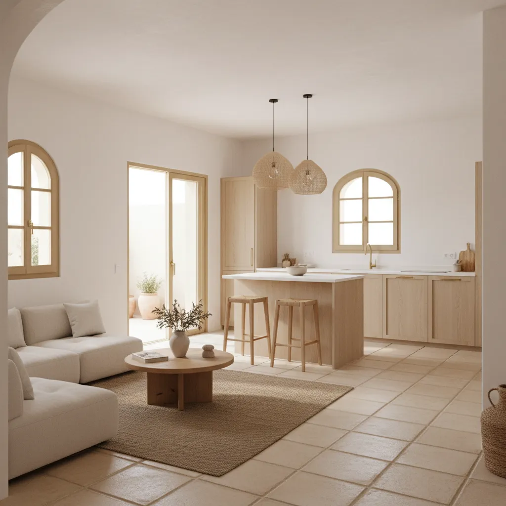 Cocina abierta integrada en salón en una vivienda pequeña mediterránea