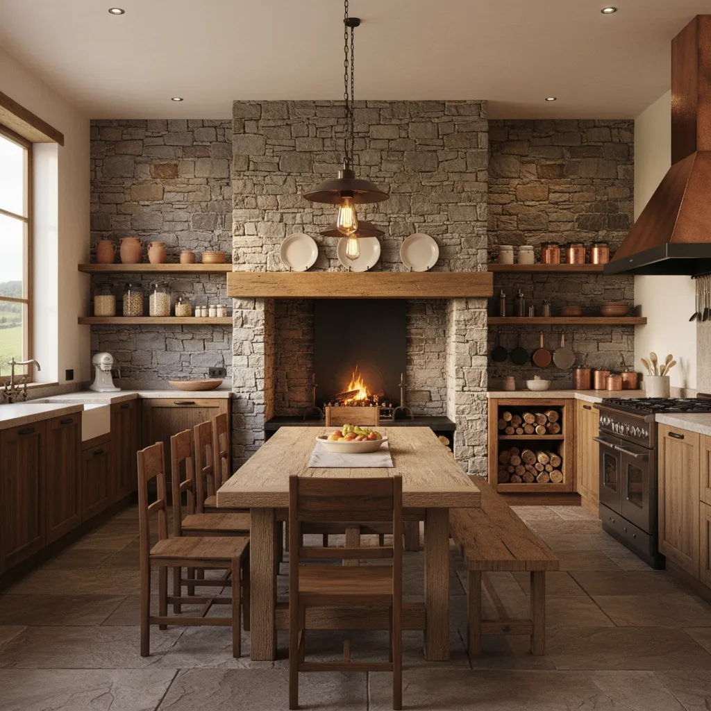 Rustic kitchen with stone walls featuring a wooden table chairs fireplace ceiling light and cabinets
