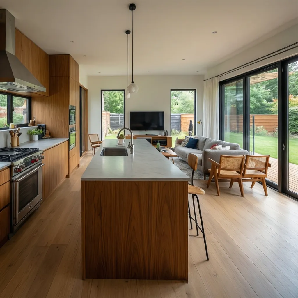 Cocina abierta integrada con salón en casa de una planta