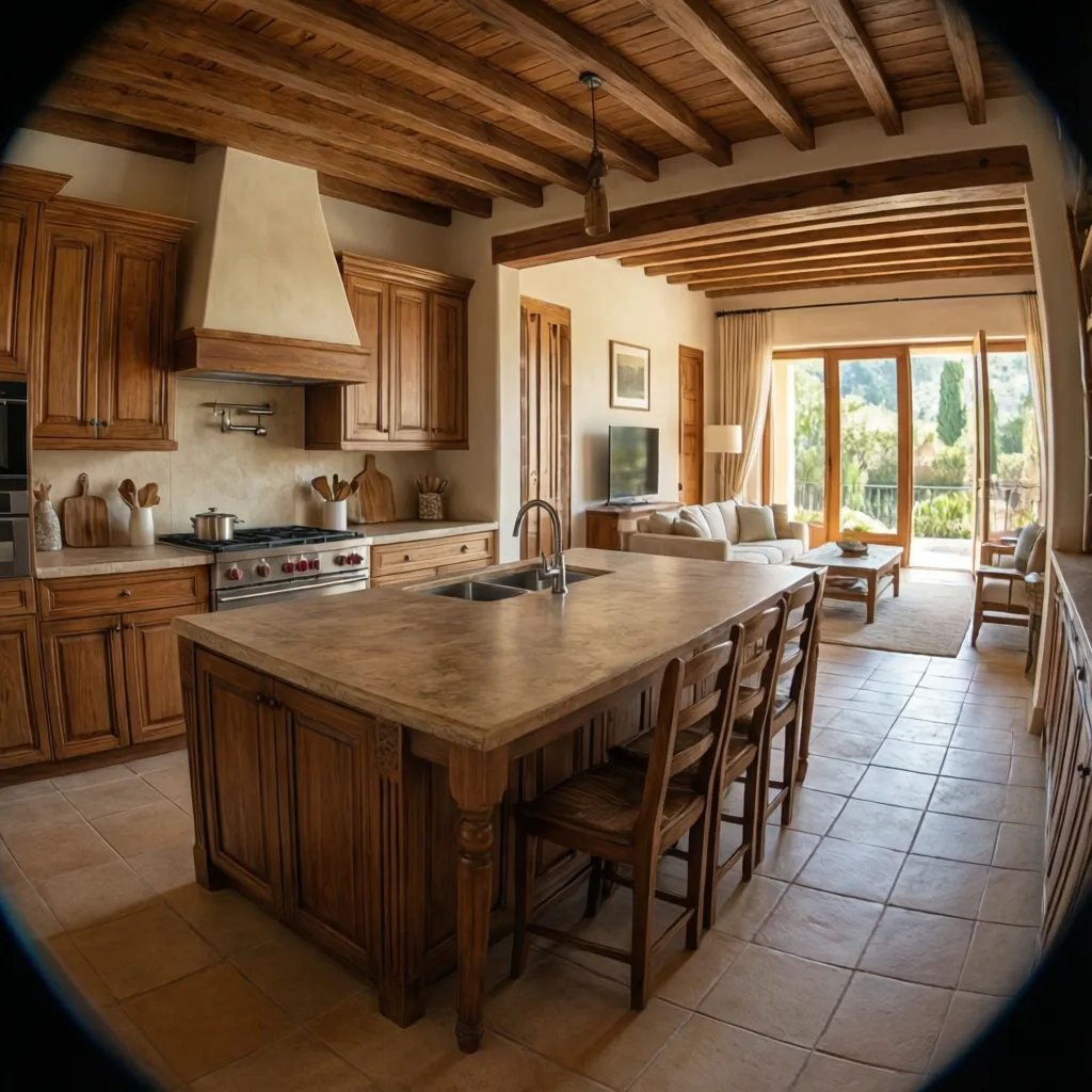 Cocina abierta conectada al salón en una vivienda vacacional