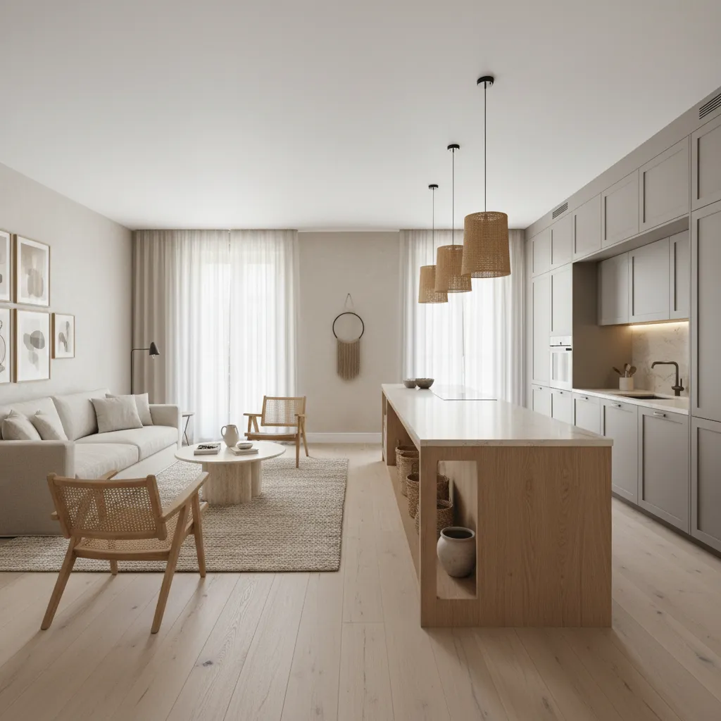 Cocina abierta integrada con salón en diseño contemporáneo