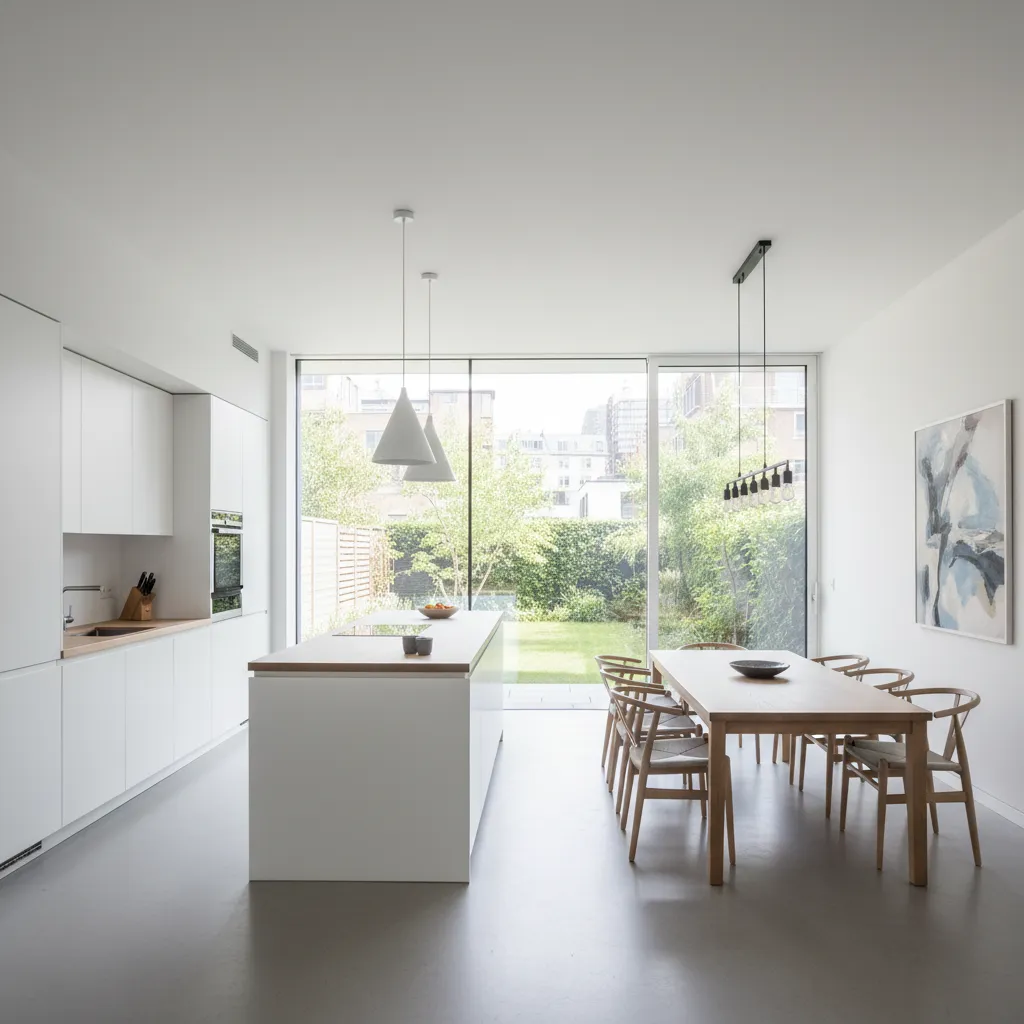 Cocina moderna abierta al comedor en una vivienda contemporánea