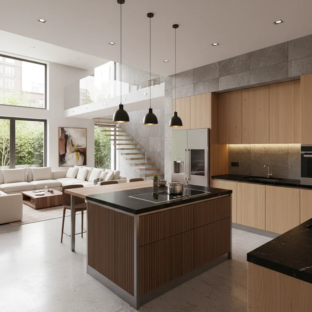 Cocina abierta conectada al salón en una casa dúplex moderna