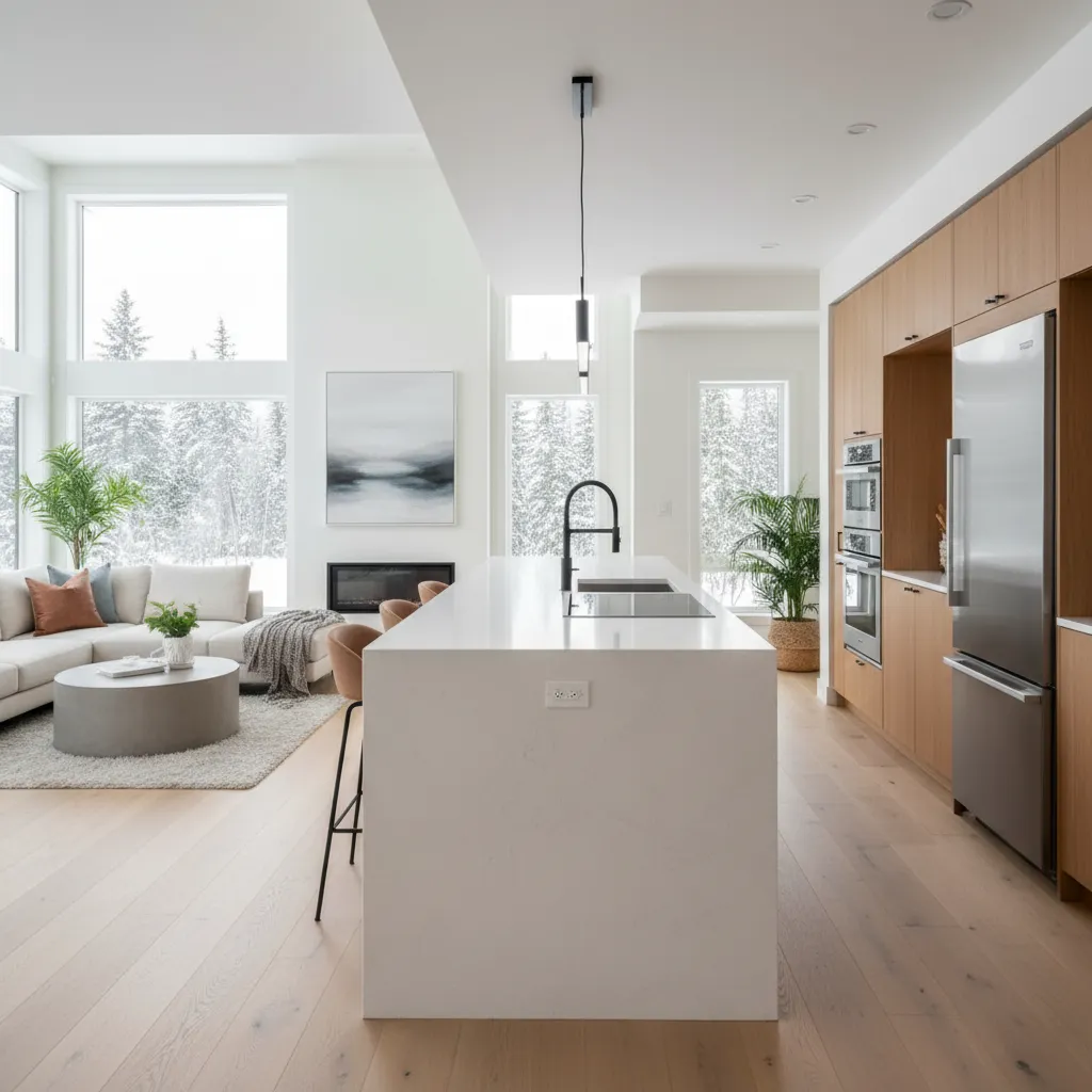 Cocina abierta moderna en casa canadiense