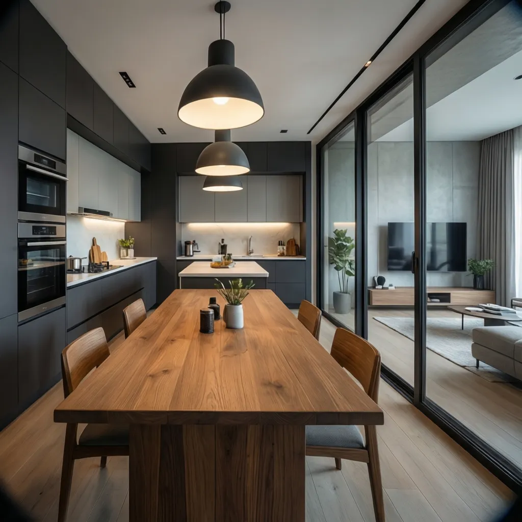 Cocina abierta moderna integrada con el comedor