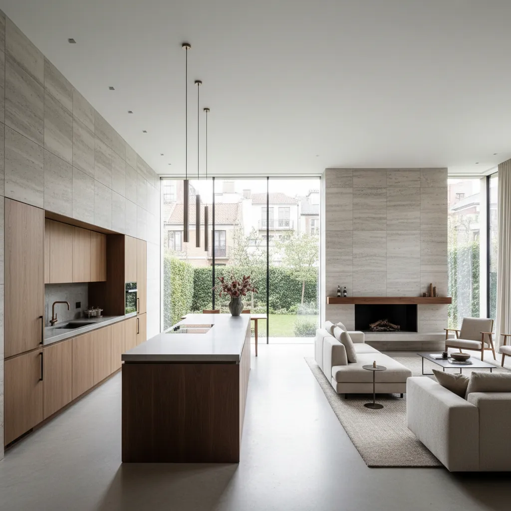 Cocina abierta conectada con salón en vivienda moderna