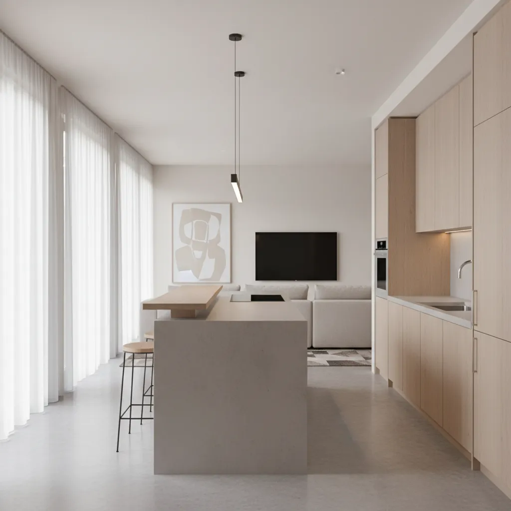 Modern kitchen island with wooden stools near light wood cabinets in a bright open room