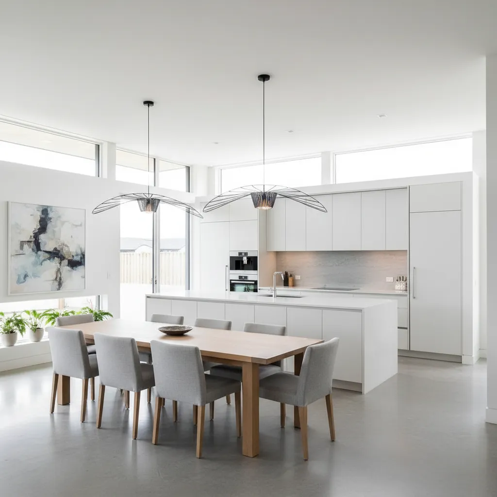 Modern kitchen and dining area featuring white cabinets large island wooden table and grey chairs