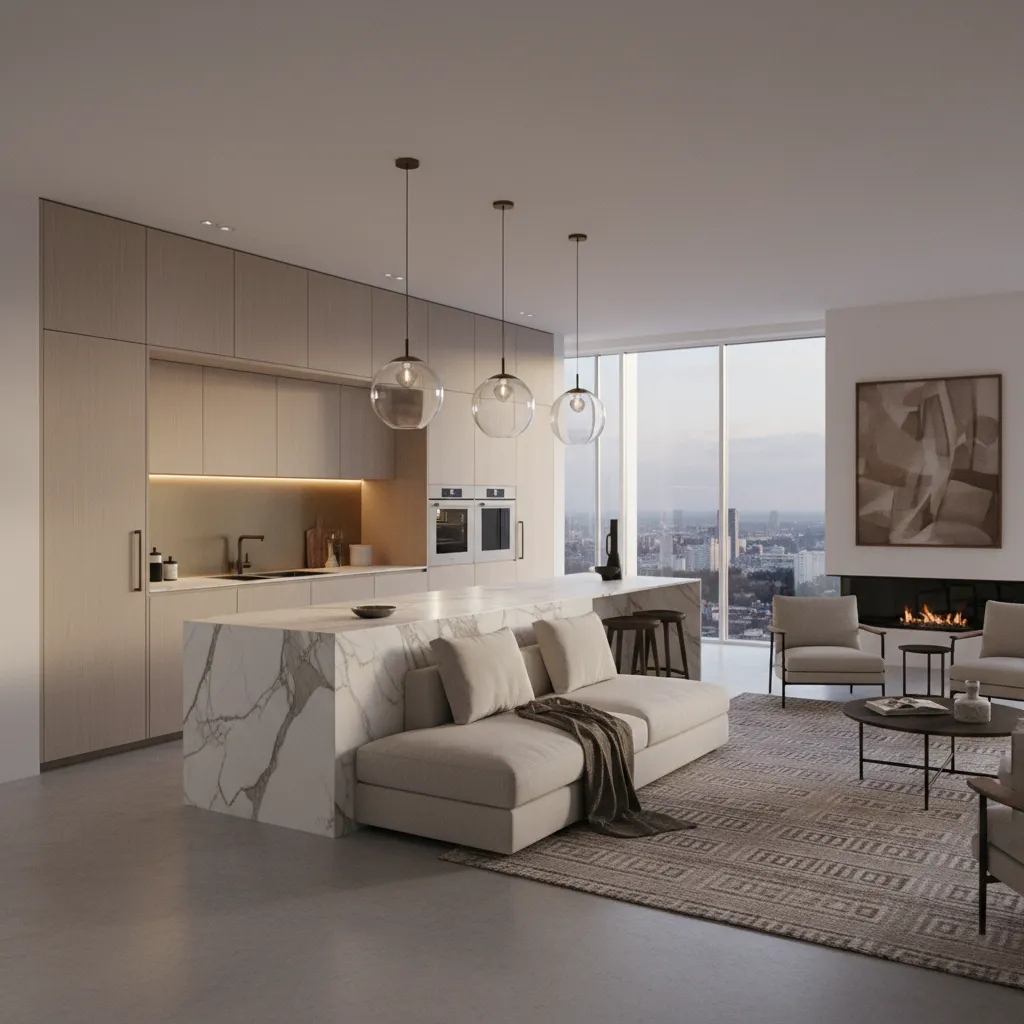 Luxury apartment with marble island sofa globe ceiling lights fireplace and city view at sunset