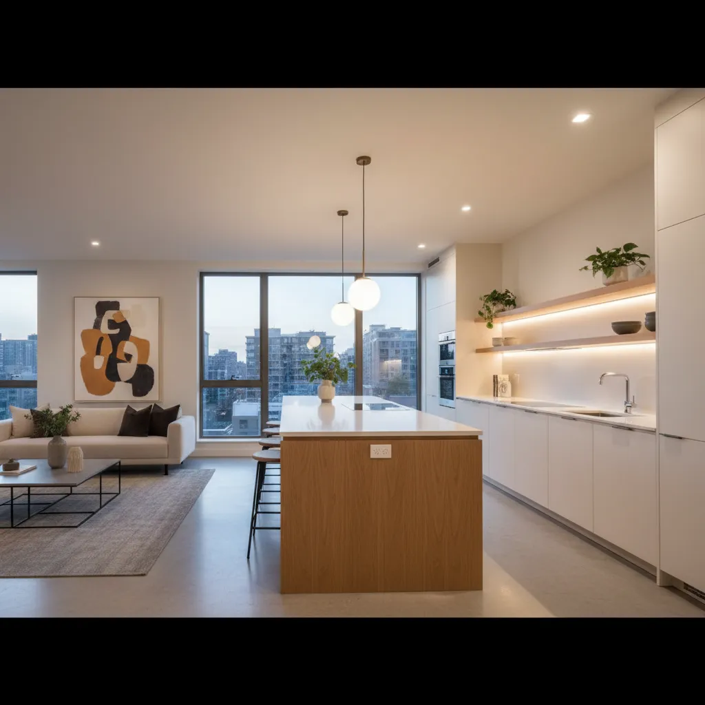 Cocina abierta moderna integrada con el salón