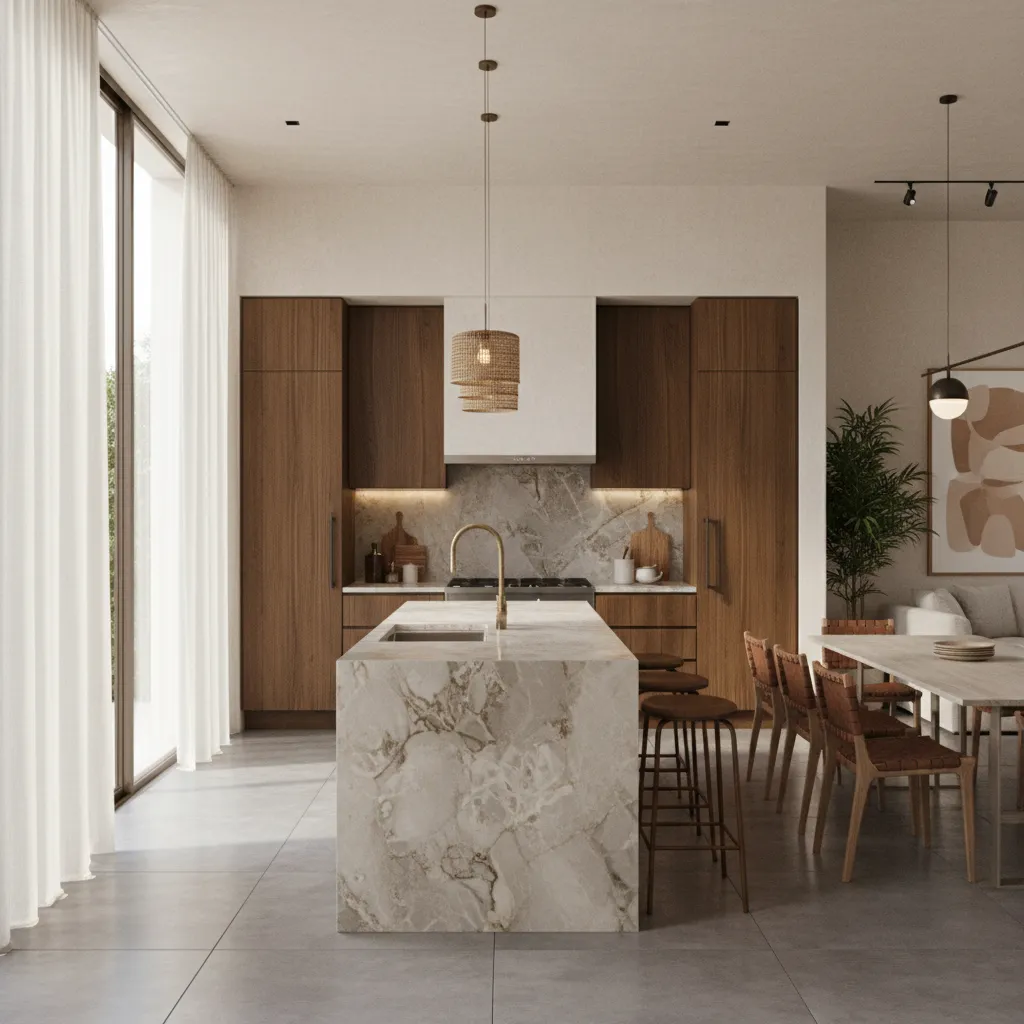 Cocina abierta moderna con isla central y diseño contemporáneo