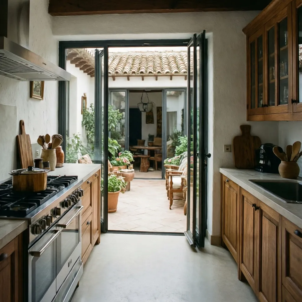 Cocina moderna abierta hacia patio interior en casa manchega