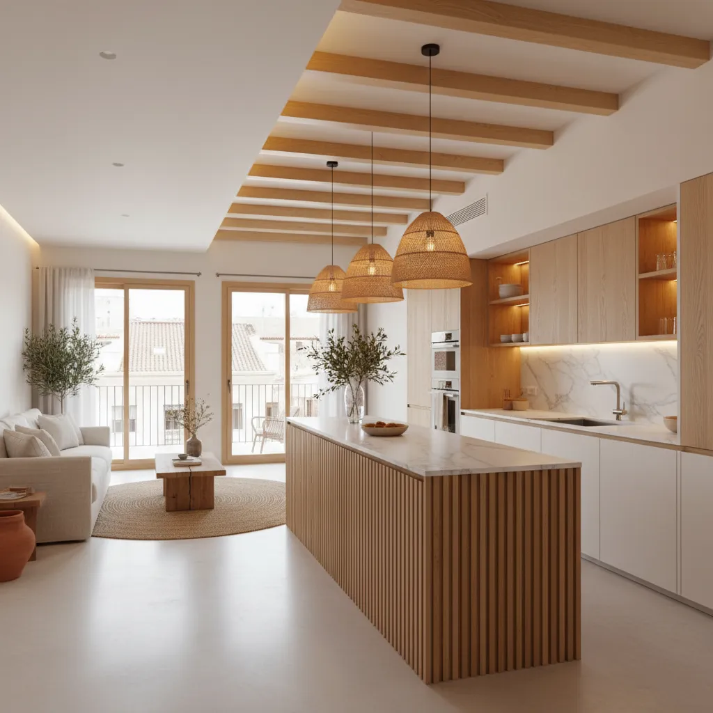 Open plan kitchen featuring wooden island white cabinets three woven ceiling lights and wooden beams