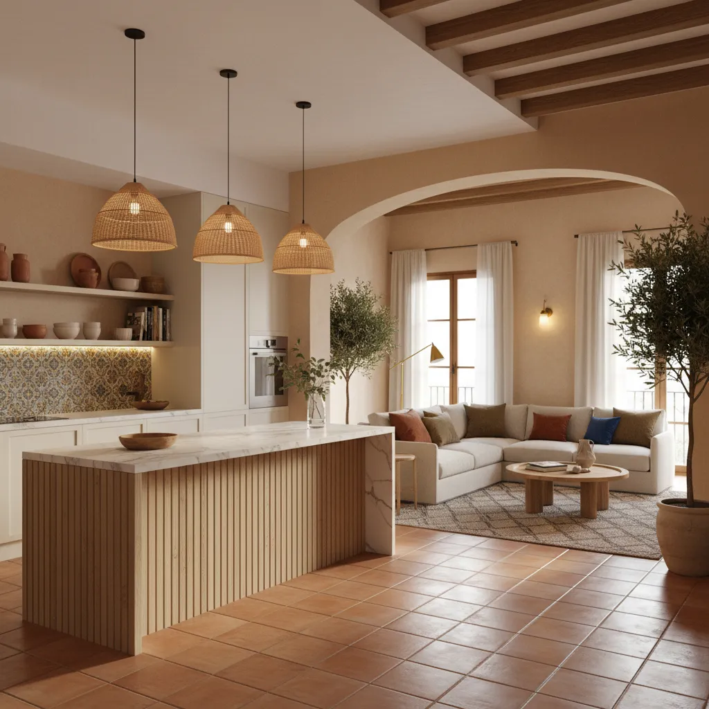 Cocina abierta conectada con salón en apartamento moderno