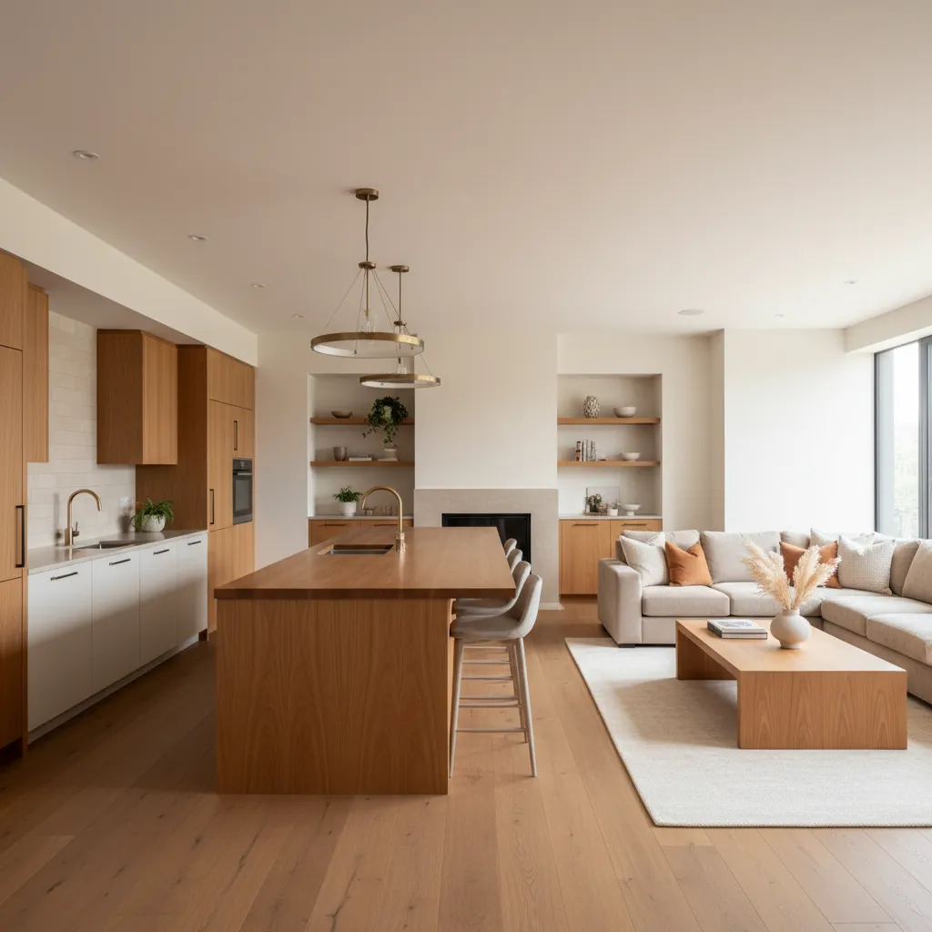 Modern open plan living room with wooden kitchen island bar stools sofa and large windows