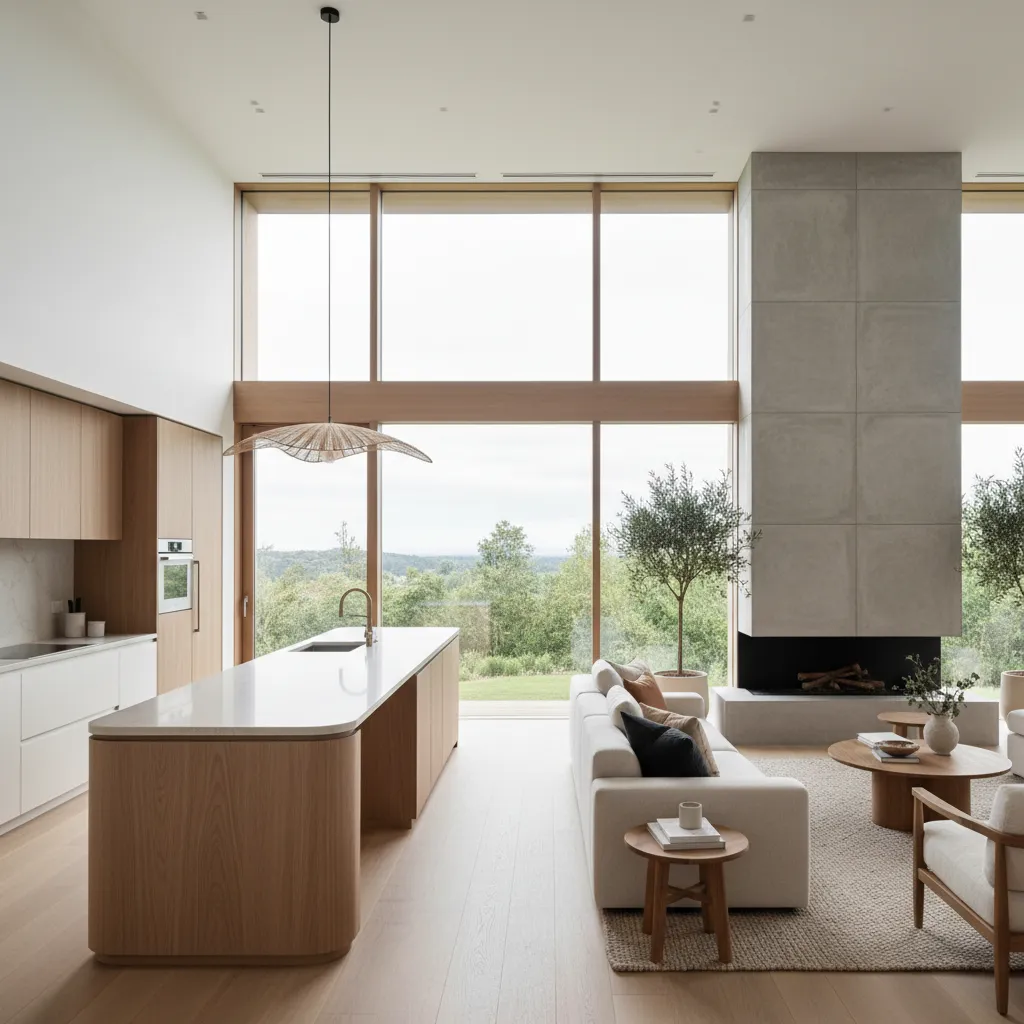 Cocina abierta conectada con el salón en casa moderna