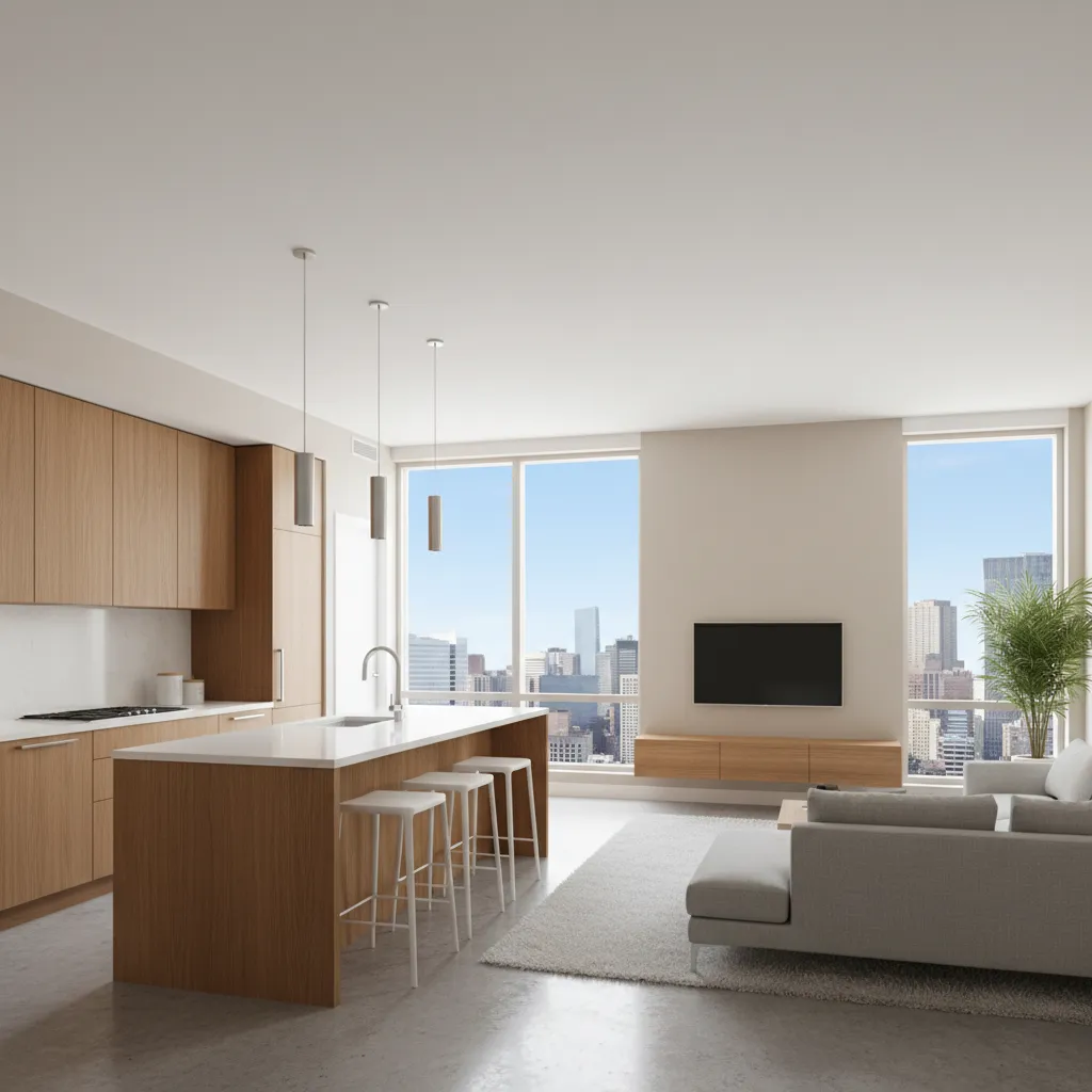 Cocina abierta conectada con salón en un apartamento moderno