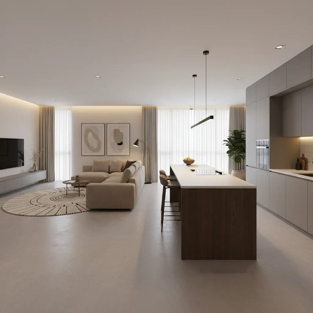 Cocina abierta integrada con salón mediante isla central
