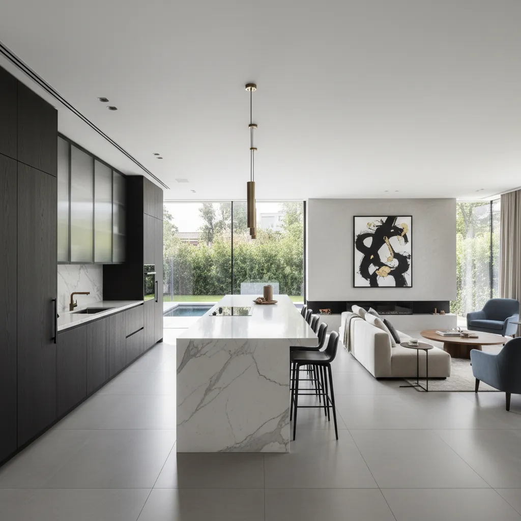 Cocina abierta conectada con salón moderno