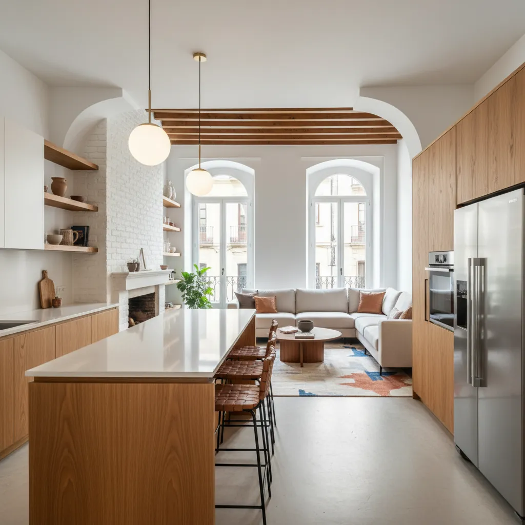 Cocina abierta integrada con el salón en una reforma moderna