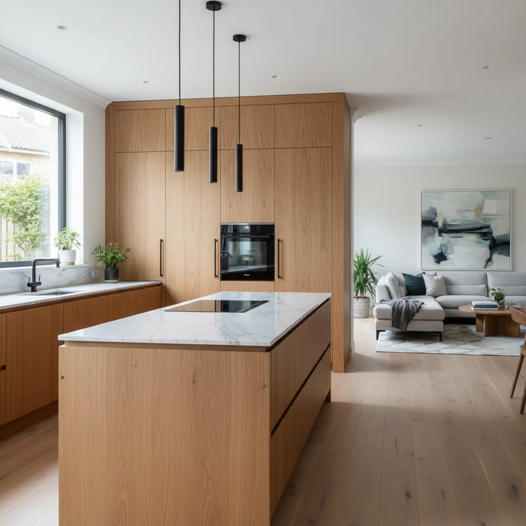 Modern kitchen with wood cabinets marble island black ceiling lights and open living room sofa