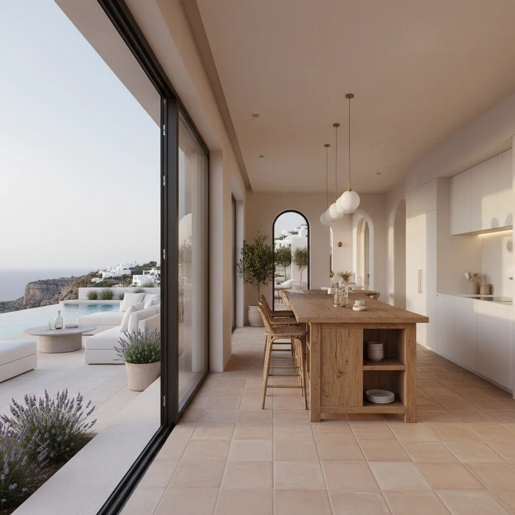 Cocina abierta conectada con terraza en una vivienda mediterránea