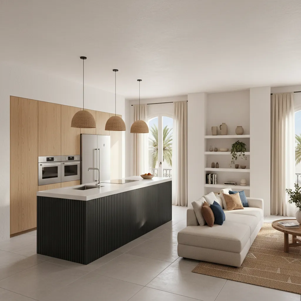 Open plan kitchen and living room featuring black island wooden cabinets white sofa and curtains