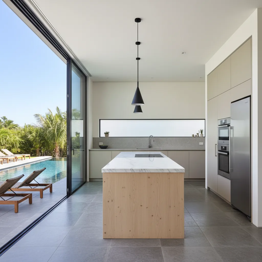 Cocina moderna con isla y vistas directas a la piscina