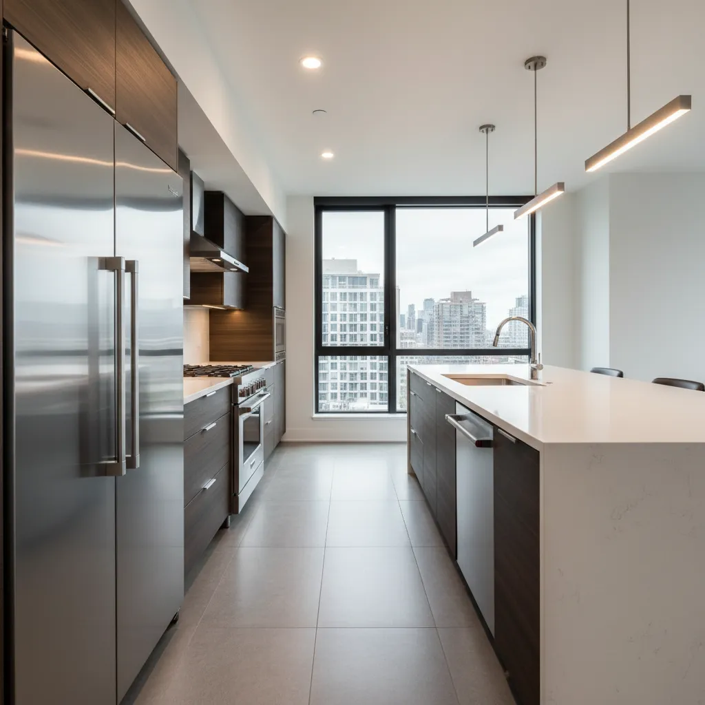 Cocina moderna con electrodomésticos y superficies de acero inoxidable reflectante