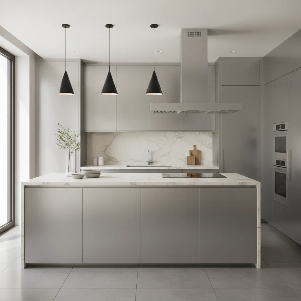 Cocina moderna con frentes de aluminio cepillado y encimera de piedra clara