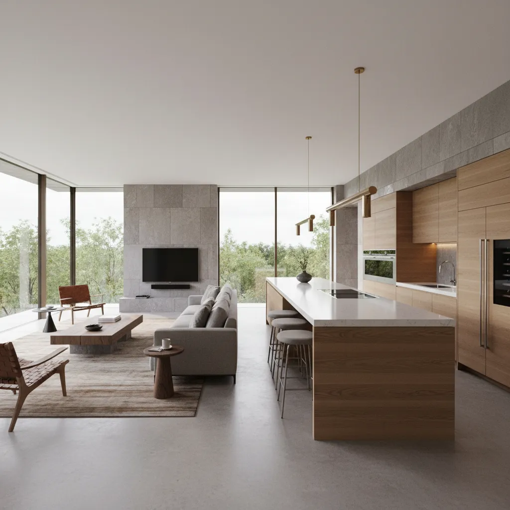 Open plan living space with wooden cabinets long island grey sofa and large outdoor view