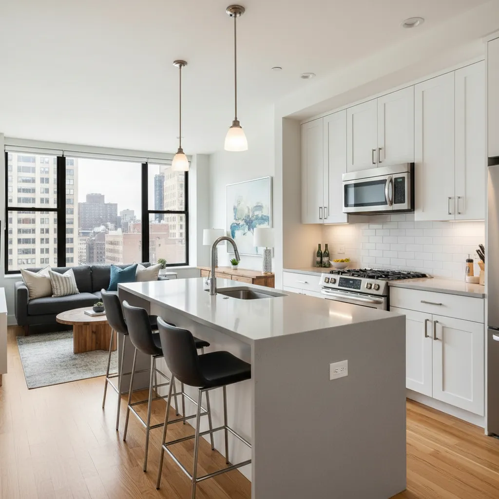 Modern white kitchen with island stools plus living room sofa and large city view windows