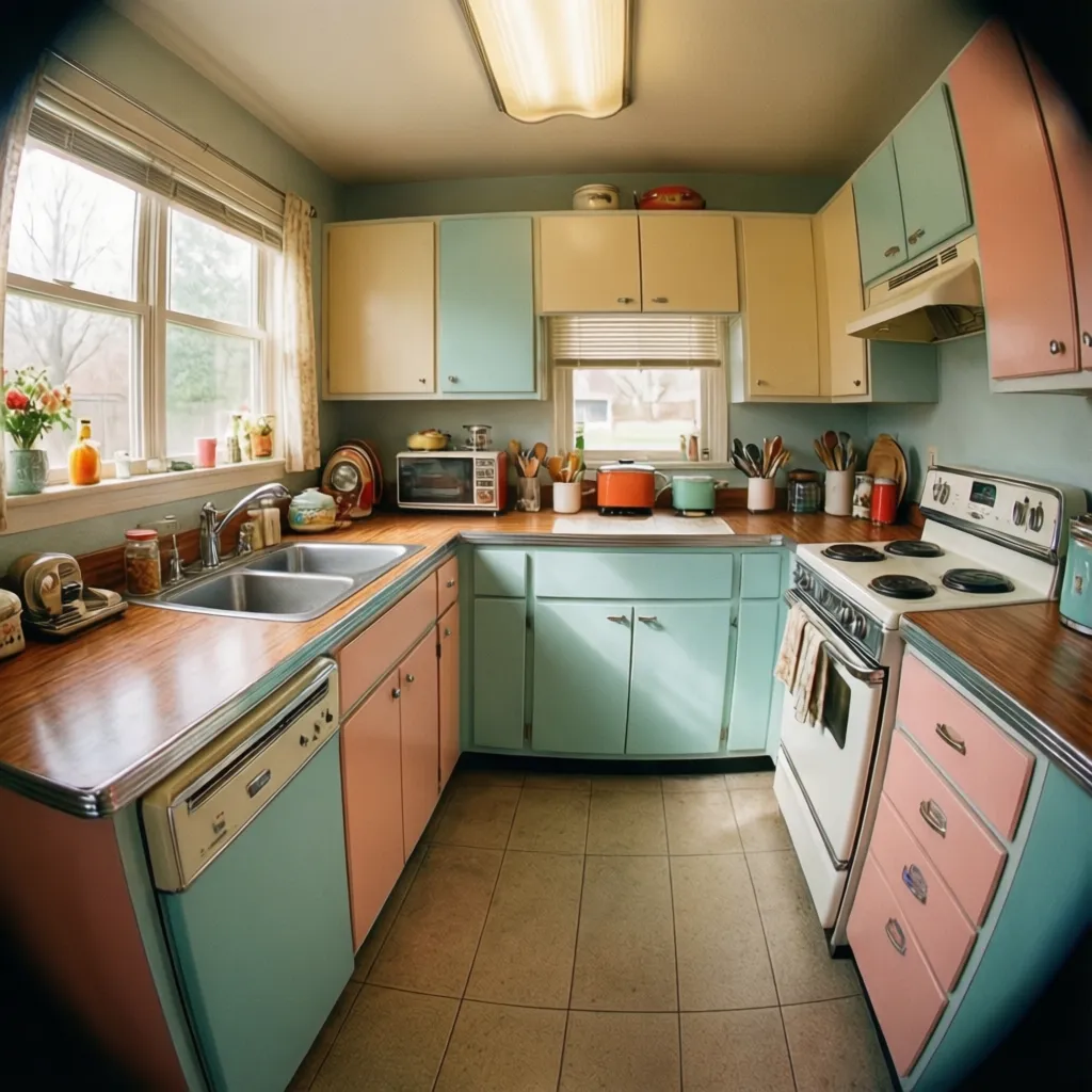 Cocina estilo años 50 con materiales laminados y colores retro