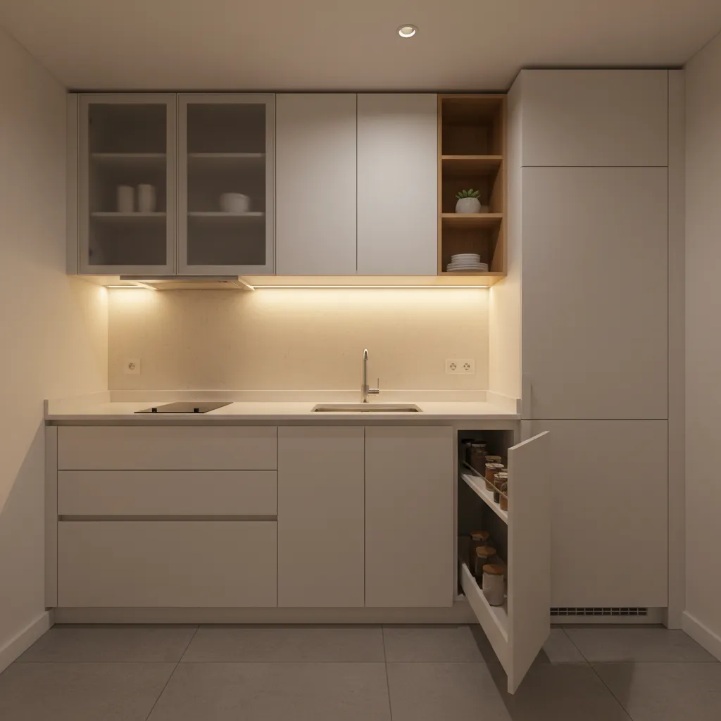 Small modern white kitchen with lighting and open pull out cabinet for storing food jars