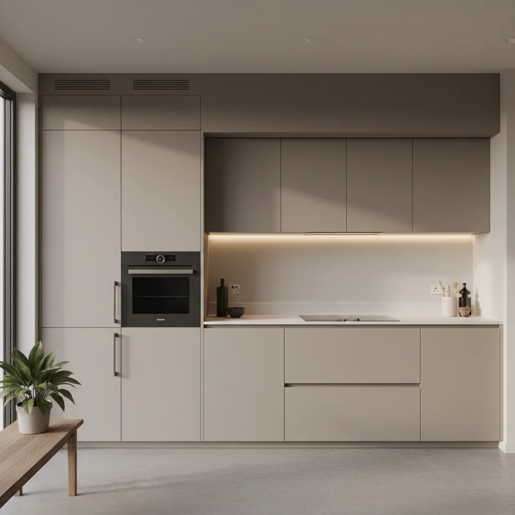 Cocina con armarios integrados y electrodomésticos ocultos cerca de la entrada